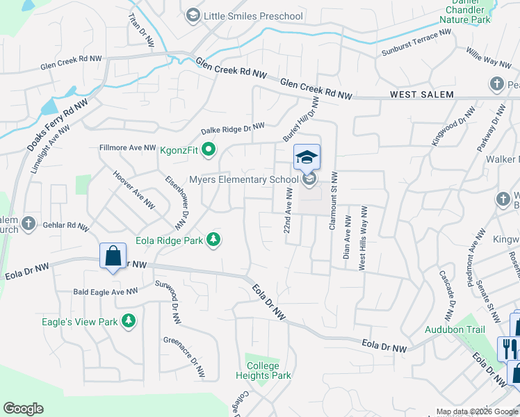 map of restaurants, bars, coffee shops, grocery stores, and more near 2305 Desert Deer Avenue Northwest in Salem