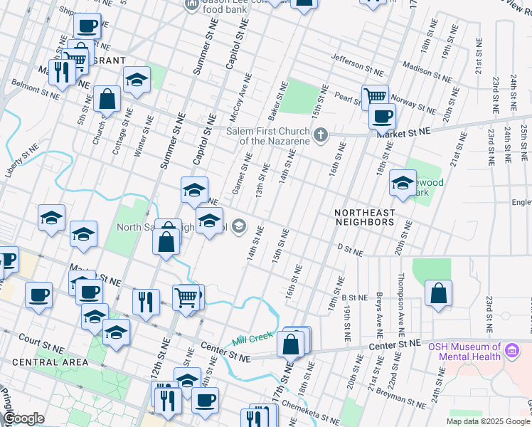 map of restaurants, bars, coffee shops, grocery stores, and more near 985 14th Street Northeast in Salem