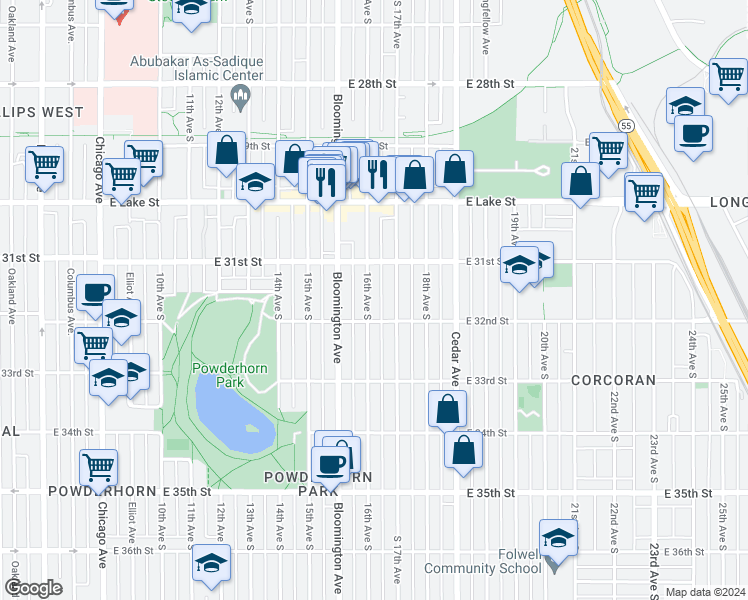 map of restaurants, bars, coffee shops, grocery stores, and more near 3137 16th Avenue South in Minneapolis