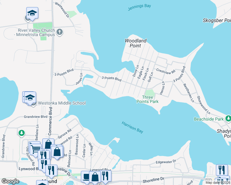 map of restaurants, bars, coffee shops, grocery stores, and more near 1720 Avocet Lane in Mound