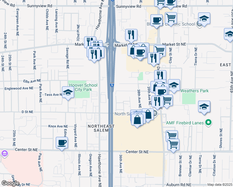 map of restaurants, bars, coffee shops, grocery stores, and more near 3522-3586 Anita Drive Northeast in Salem