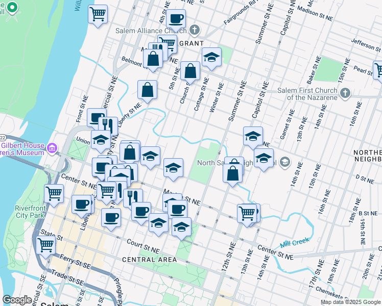 map of restaurants, bars, coffee shops, grocery stores, and more near 770 Cottage Street Northeast in Salem