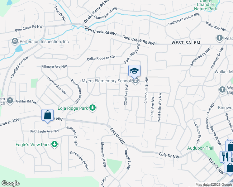 map of restaurants, bars, coffee shops, grocery stores, and more near 2305 Desert Deer Avenue Northwest in Salem
