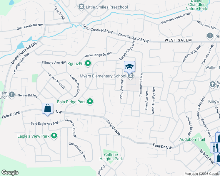 map of restaurants, bars, coffee shops, grocery stores, and more near 2305 Desert Deer Avenue Northwest in Salem