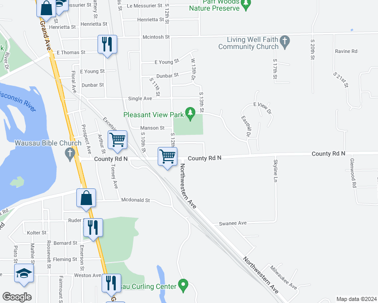 map of restaurants, bars, coffee shops, grocery stores, and more near 1210 Monroe Street in Wausau