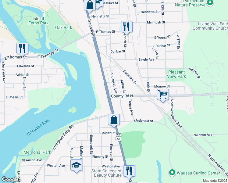 map of restaurants, bars, coffee shops, grocery stores, and more near 1211 Prospect Avenue in Wausau