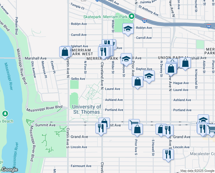 map of restaurants, bars, coffee shops, grocery stores, and more near 2024 Selby Avenue in Saint Paul