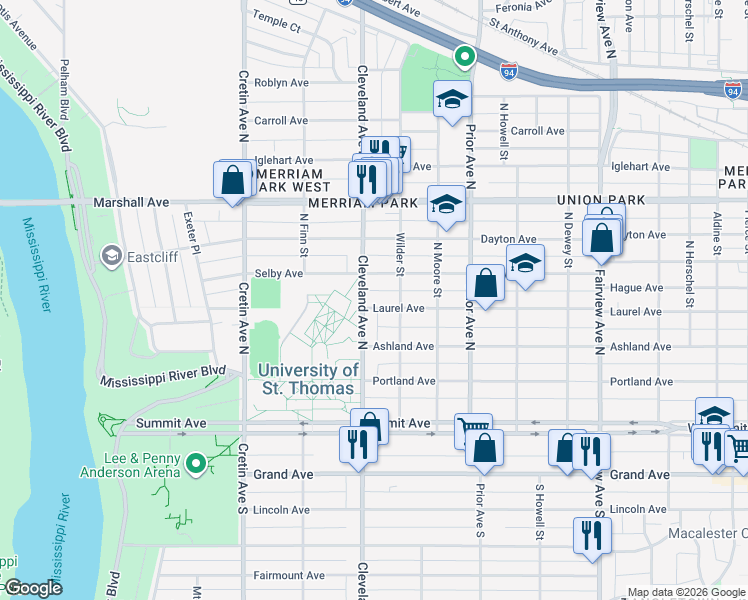 map of restaurants, bars, coffee shops, grocery stores, and more near in Saint Paul