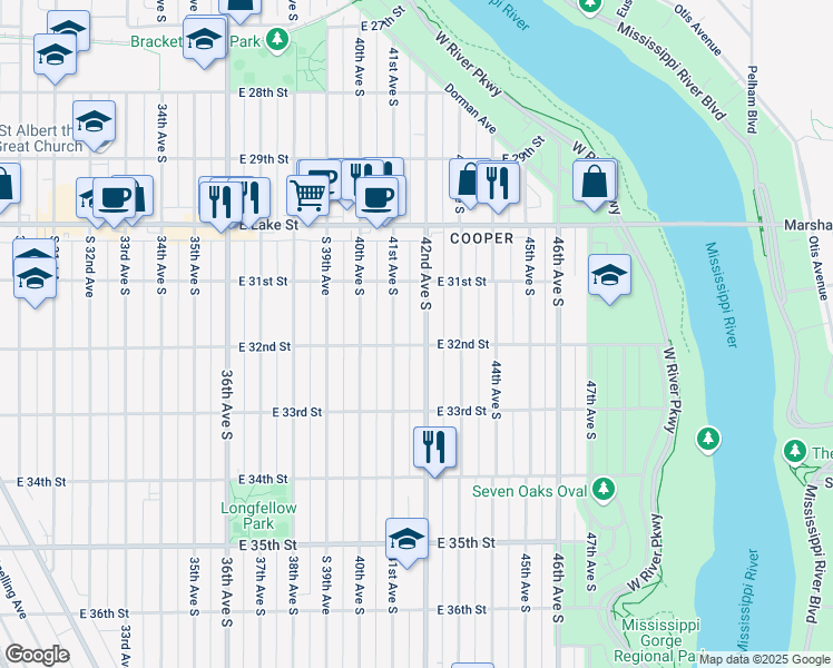 map of restaurants, bars, coffee shops, grocery stores, and more near 3124 42nd Avenue South in Minneapolis