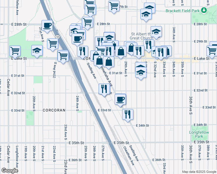 map of restaurants, bars, coffee shops, grocery stores, and more near 3117 Minnehaha Avenue in Minneapolis