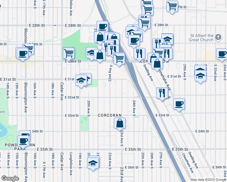 map of restaurants, bars, coffee shops, grocery stores, and more near 3119 22nd Avenue South in Minneapolis