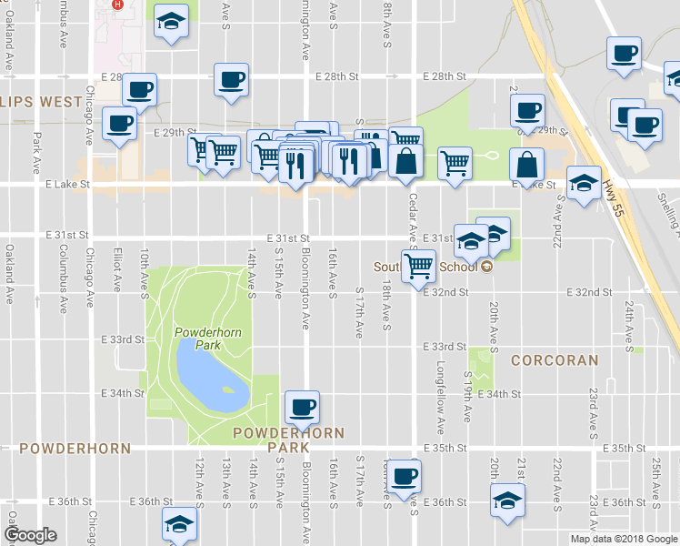 map of restaurants, bars, coffee shops, grocery stores, and more near 3120 17th Avenue South in Minneapolis