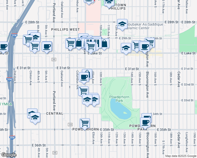 map of restaurants, bars, coffee shops, grocery stores, and more near 3115 Elliot Avenue in Minneapolis