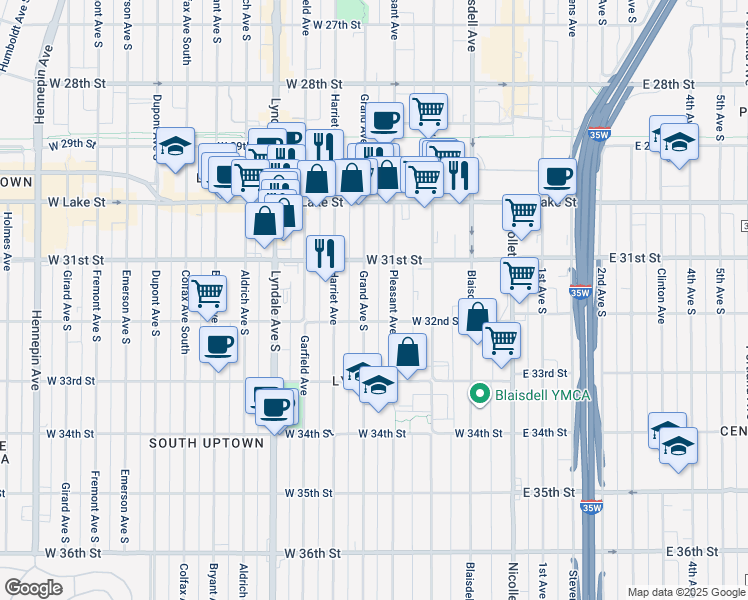 map of restaurants, bars, coffee shops, grocery stores, and more near 3112 Pleasant Avenue in Minneapolis