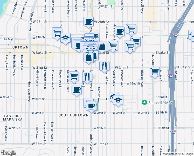 map of restaurants, bars, coffee shops, grocery stores, and more near 3113 Garfield Avenue in Minneapolis
