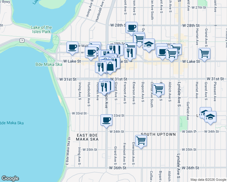 map of restaurants, bars, coffee shops, grocery stores, and more near 3108 Girard Avenue South in Minneapolis