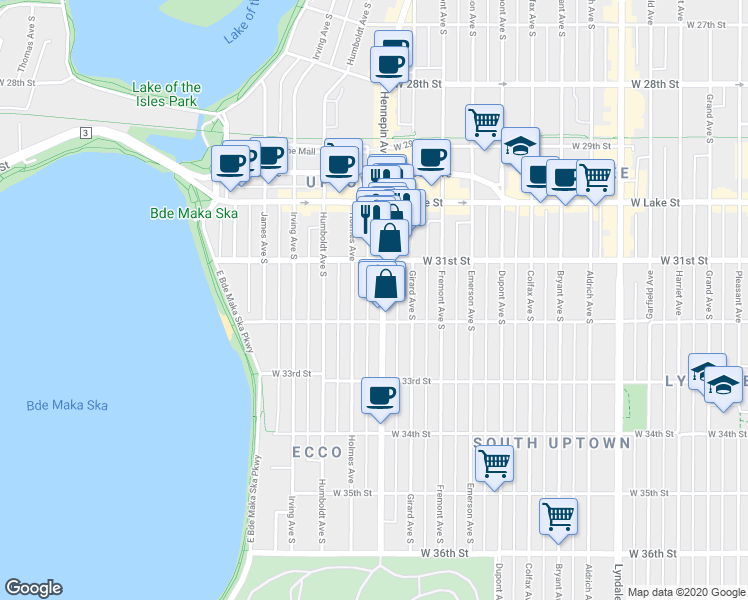 map of restaurants, bars, coffee shops, grocery stores, and more near 3133 Hennepin Avenue in Minneapolis