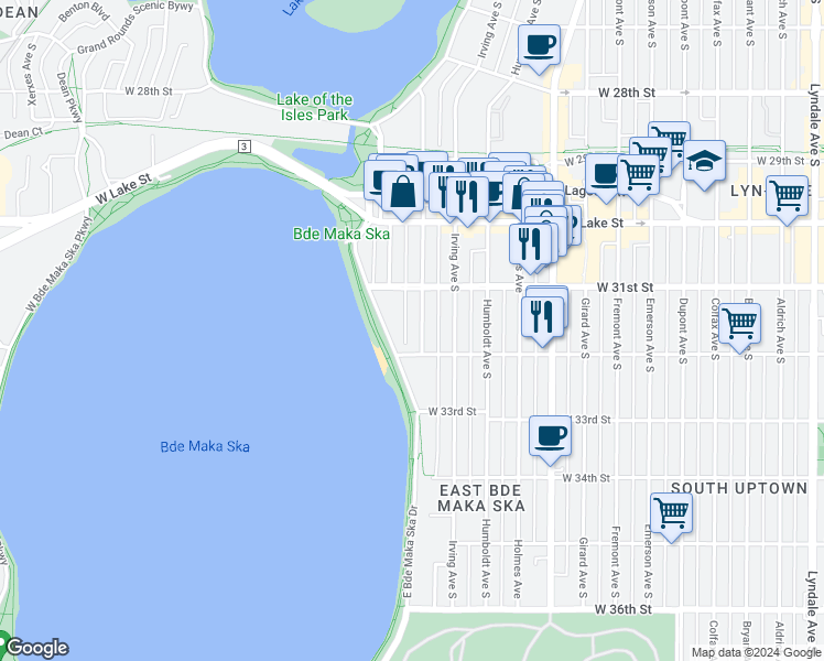 map of restaurants, bars, coffee shops, grocery stores, and more near 3117 East Calhoun Parkway in Minneapolis