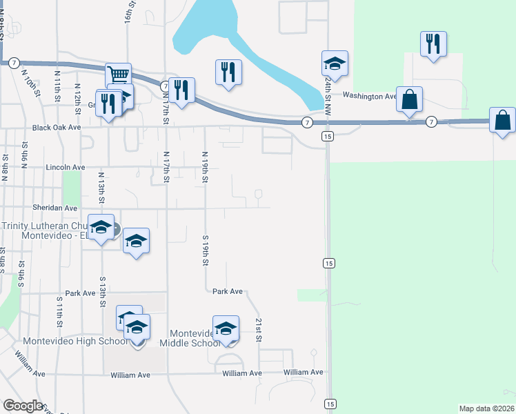 map of restaurants, bars, coffee shops, grocery stores, and more near 2101 Sheridan Avenue in Montevideo