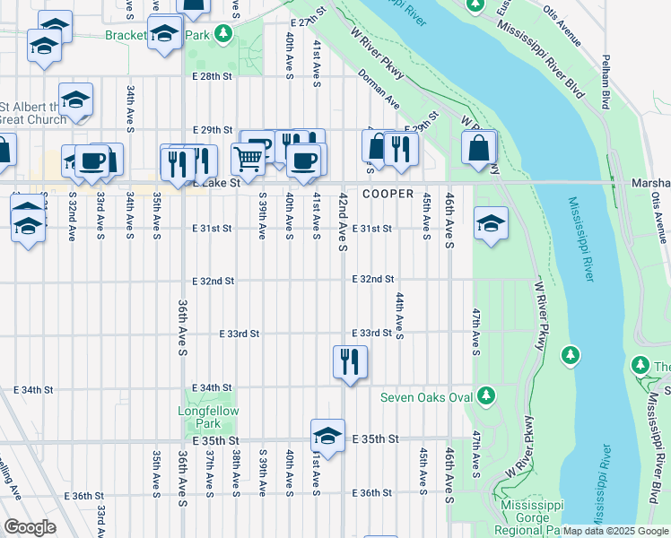 map of restaurants, bars, coffee shops, grocery stores, and more near 3124 42nd Avenue South in Minneapolis