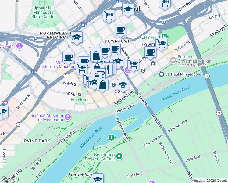 map of restaurants, bars, coffee shops, grocery stores, and more near 46 4th Street East in Saint Paul