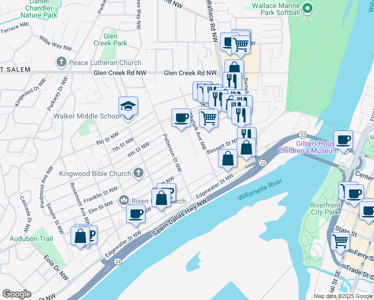 map of restaurants, bars, coffee shops, grocery stores, and more near 665 Murlark Avenue Northwest in Salem
