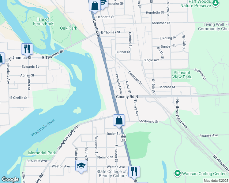 map of restaurants, bars, coffee shops, grocery stores, and more near 1219 Grand Avenue in Wausau