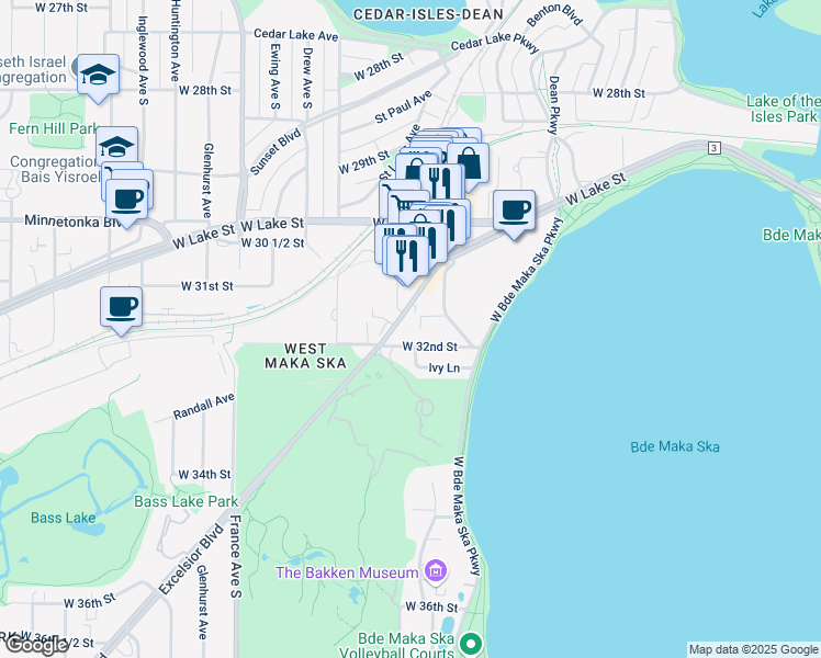 map of restaurants, bars, coffee shops, grocery stores, and more near 3130 Excelsior Boulevard in Minneapolis