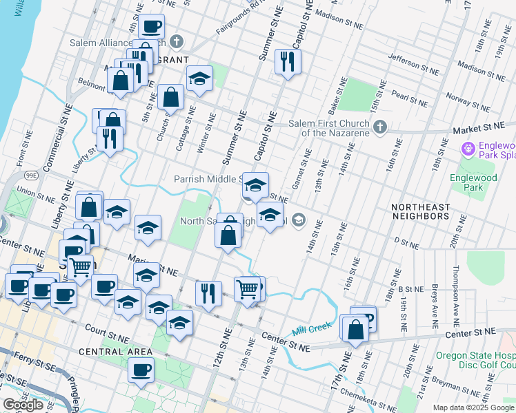 map of restaurants, bars, coffee shops, grocery stores, and more near 802 Capitol Street Northeast in Salem