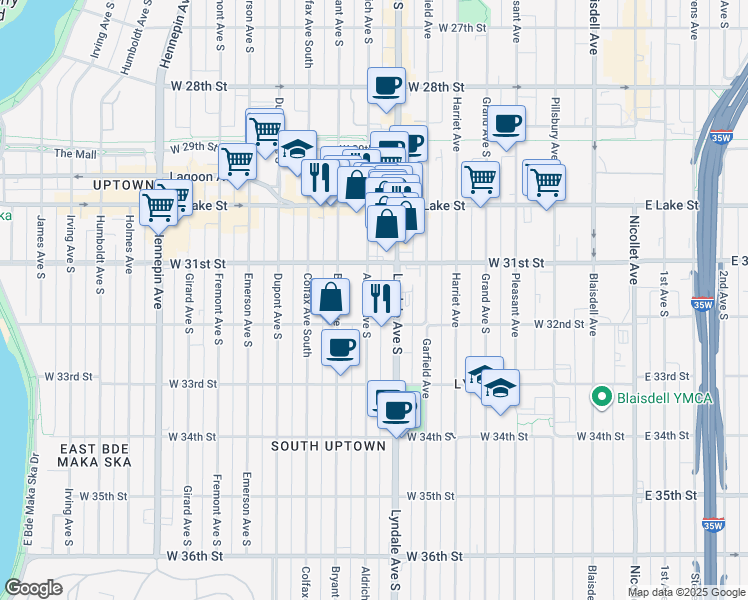 map of restaurants, bars, coffee shops, grocery stores, and more near 3129 Aldrich Avenue South in Minneapolis