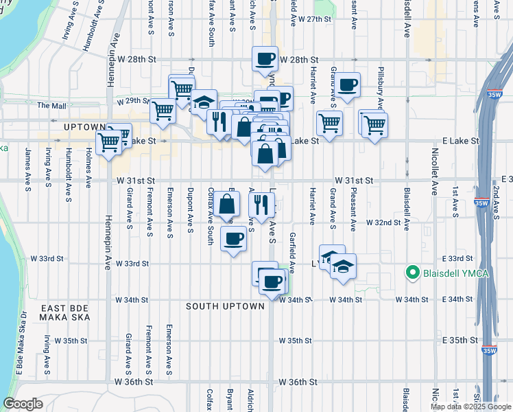 map of restaurants, bars, coffee shops, grocery stores, and more near 3129 Aldrich Avenue South in Minneapolis