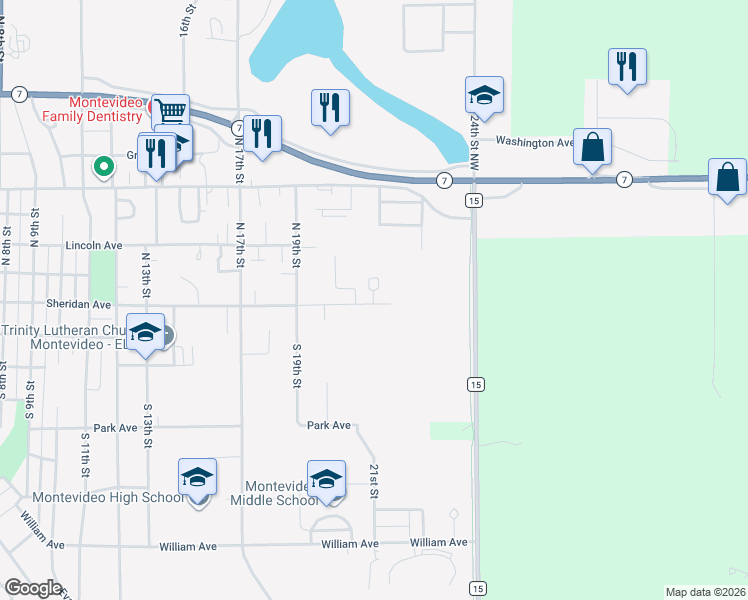 map of restaurants, bars, coffee shops, grocery stores, and more near 2101 Sheridan Avenue in Montevideo