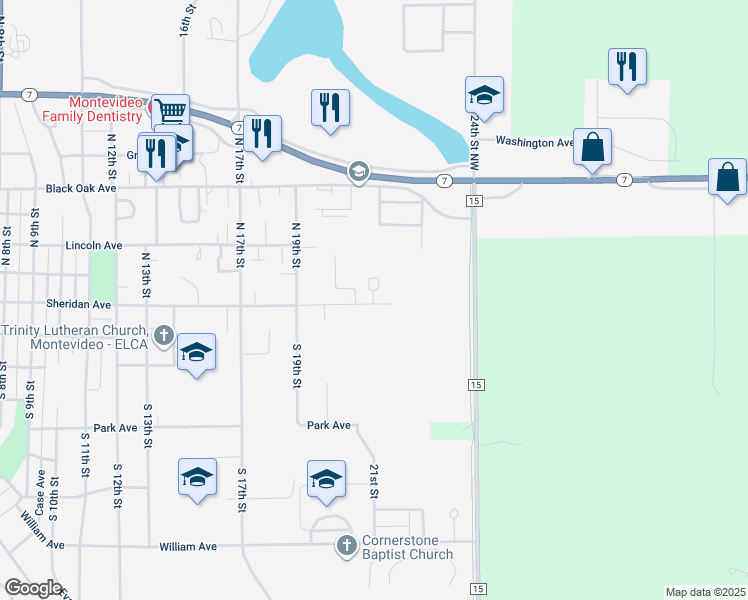 map of restaurants, bars, coffee shops, grocery stores, and more near 2101 Sheridan Avenue in Montevideo