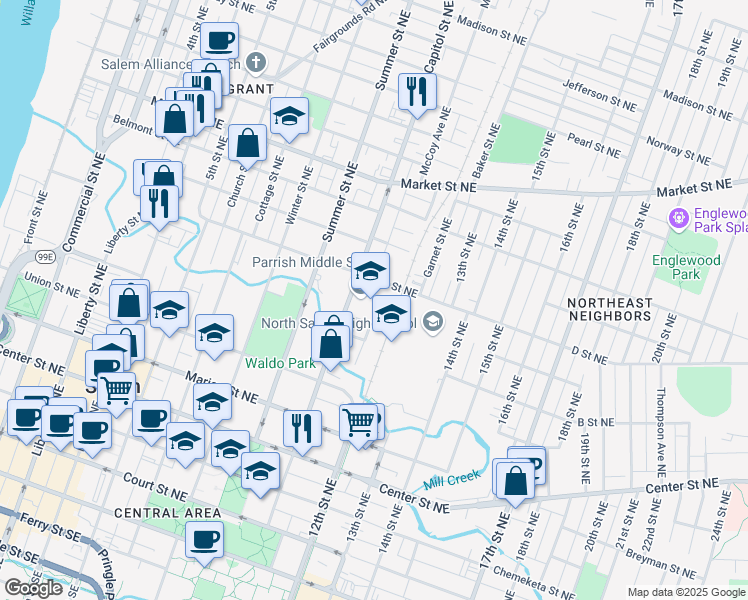map of restaurants, bars, coffee shops, grocery stores, and more near 1147 D Street Northeast in Salem