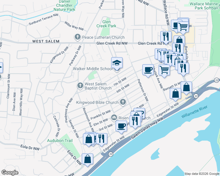 map of restaurants, bars, coffee shops, grocery stores, and more near 1131 7th Street Northwest in Salem