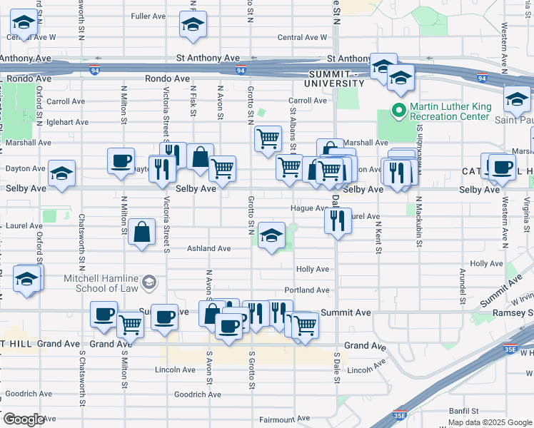 map of restaurants, bars, coffee shops, grocery stores, and more near 719 Hague Avenue in Saint Paul