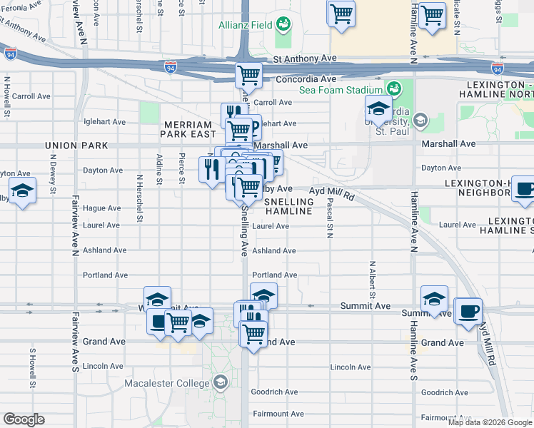 map of restaurants, bars, coffee shops, grocery stores, and more near in Saint Paul