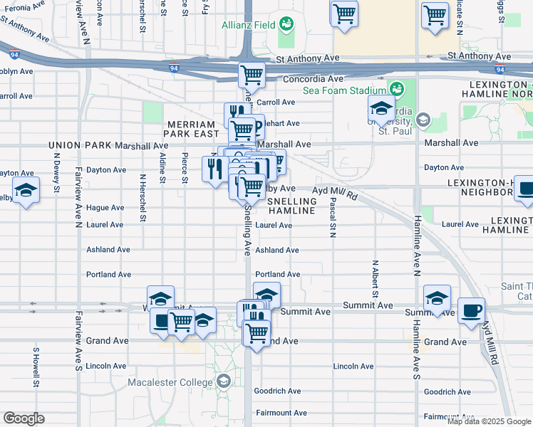 map of restaurants, bars, coffee shops, grocery stores, and more near 150 Snelling Avenue North in Saint Paul