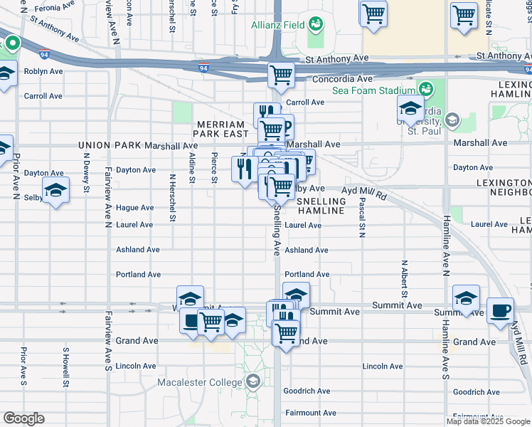 map of restaurants, bars, coffee shops, grocery stores, and more near 1601 Hague Avenue in Saint Paul