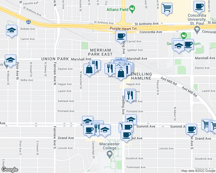 map of restaurants, bars, coffee shops, grocery stores, and more near 1637 Hague Avenue in Saint Paul