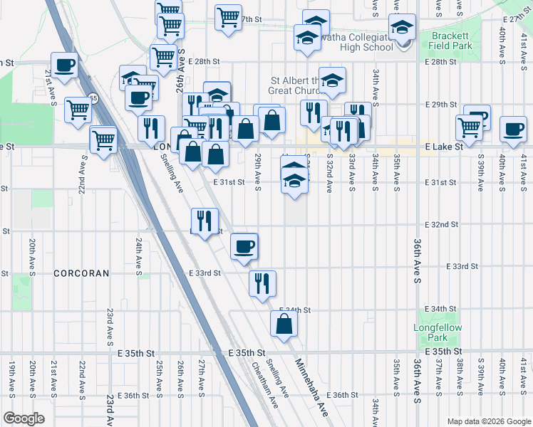 map of restaurants, bars, coffee shops, grocery stores, and more near 3129 29th Avenue South in Minneapolis