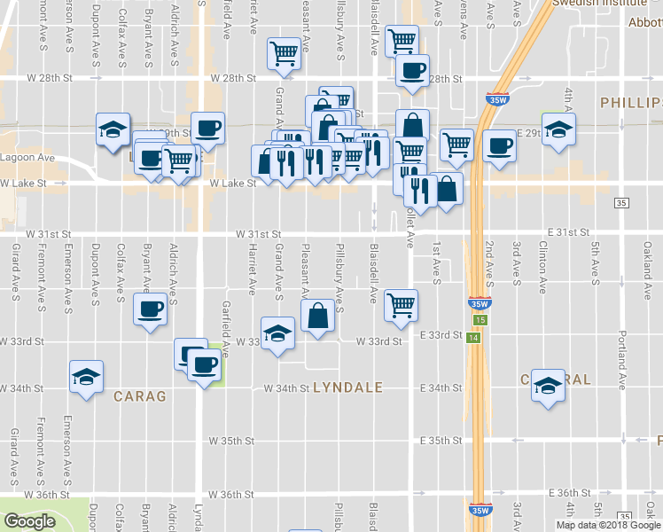 map of restaurants, bars, coffee shops, grocery stores, and more near 3112 Pillsbury Avenue in Minneapolis