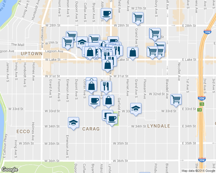 map of restaurants, bars, coffee shops, grocery stores, and more near 3139 Lyndale Avenue South in Minneapolis