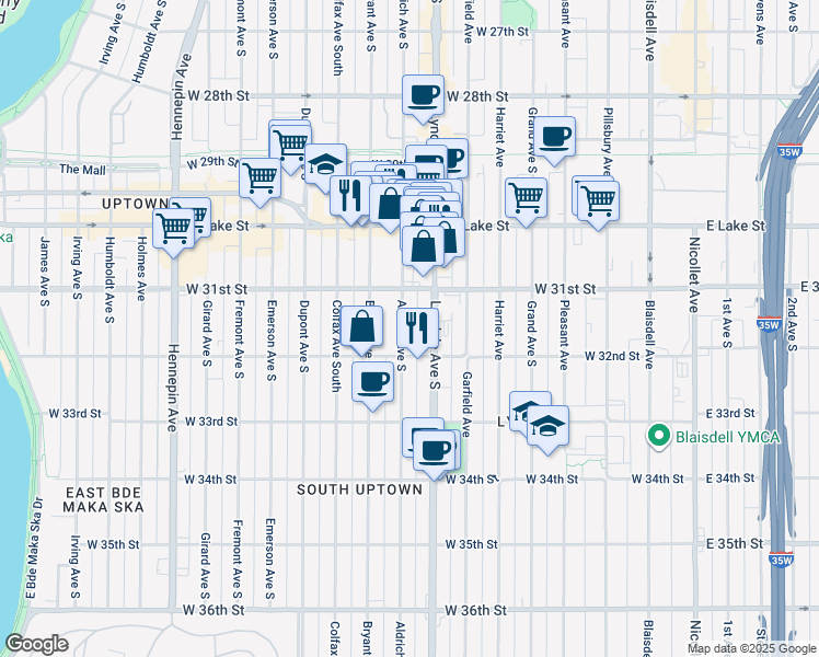 map of restaurants, bars, coffee shops, grocery stores, and more near 3117 Aldrich Avenue South in Minneapolis
