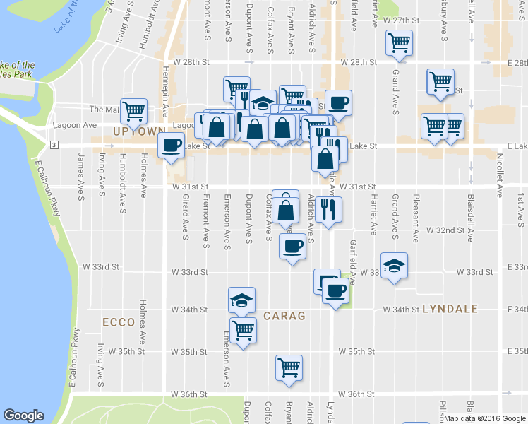 map of restaurants, bars, coffee shops, grocery stores, and more near 3112 Colfax Avenue South in Minneapolis