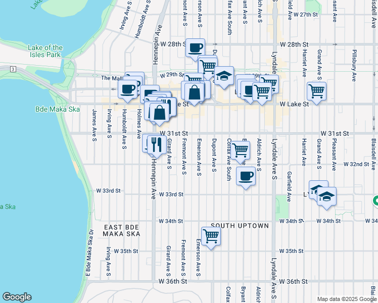 map of restaurants, bars, coffee shops, grocery stores, and more near 3115 Fremont Avenue South in Minneapolis