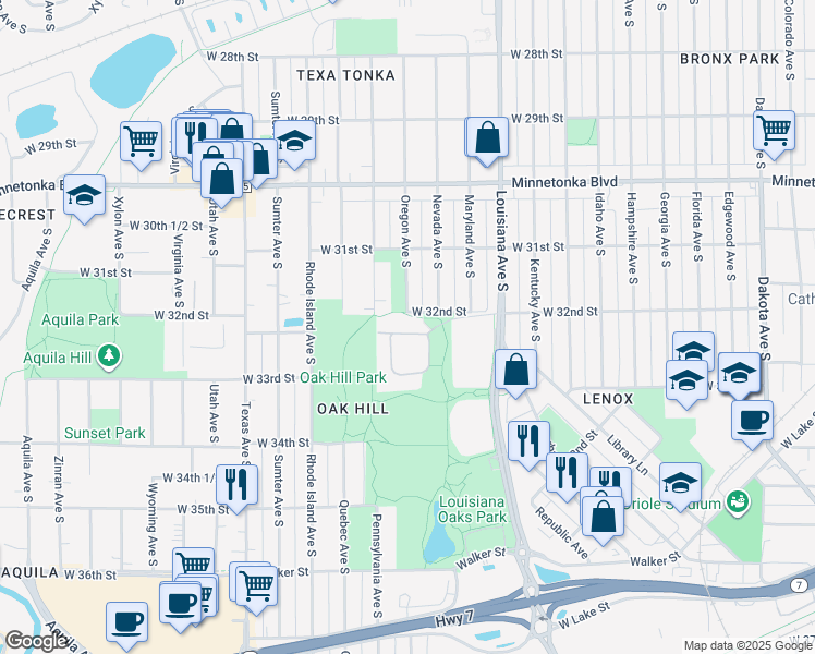 map of restaurants, bars, coffee shops, grocery stores, and more near 3100 Oregon Avenue South in St. Louis Park