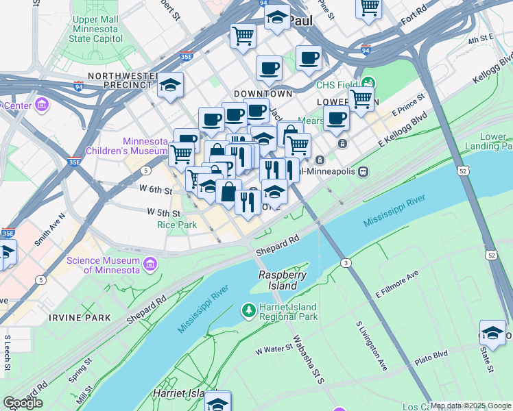 map of restaurants, bars, coffee shops, grocery stores, and more near 46 E 4th St in St Paul