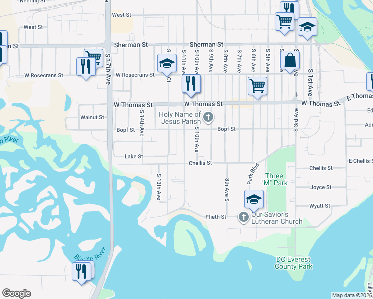 map of restaurants, bars, coffee shops, grocery stores, and more near 1216 South 11th Avenue in Wausau
