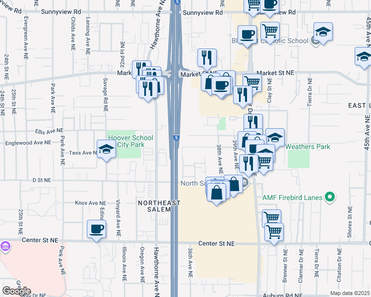 map of restaurants, bars, coffee shops, grocery stores, and more near 3546 Manor Drive Northeast in Salem